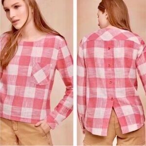 Cloth & Stone Linen blend Pink and White Button Down Shirt